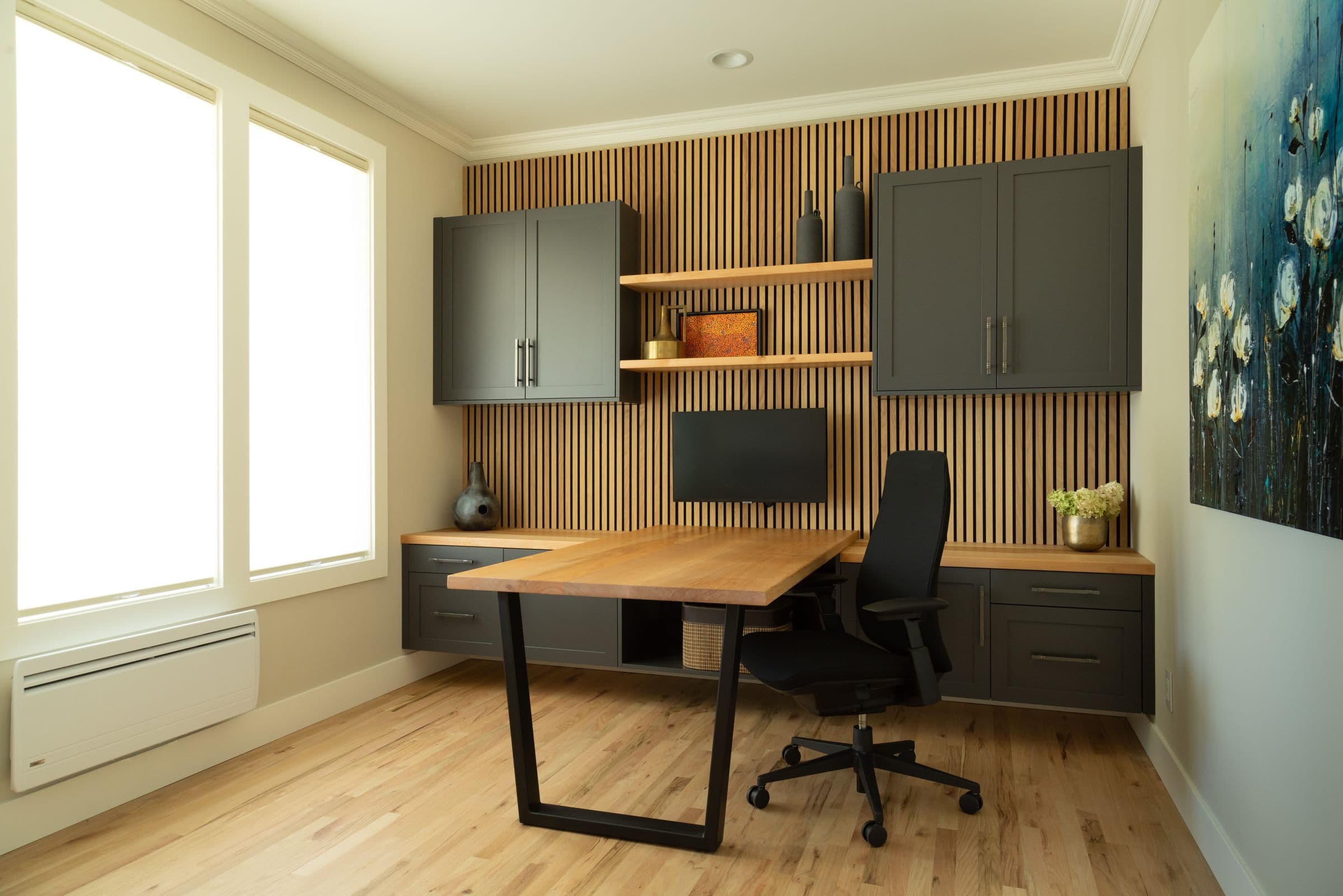 Home office with oak-slat wall, Pillar residence